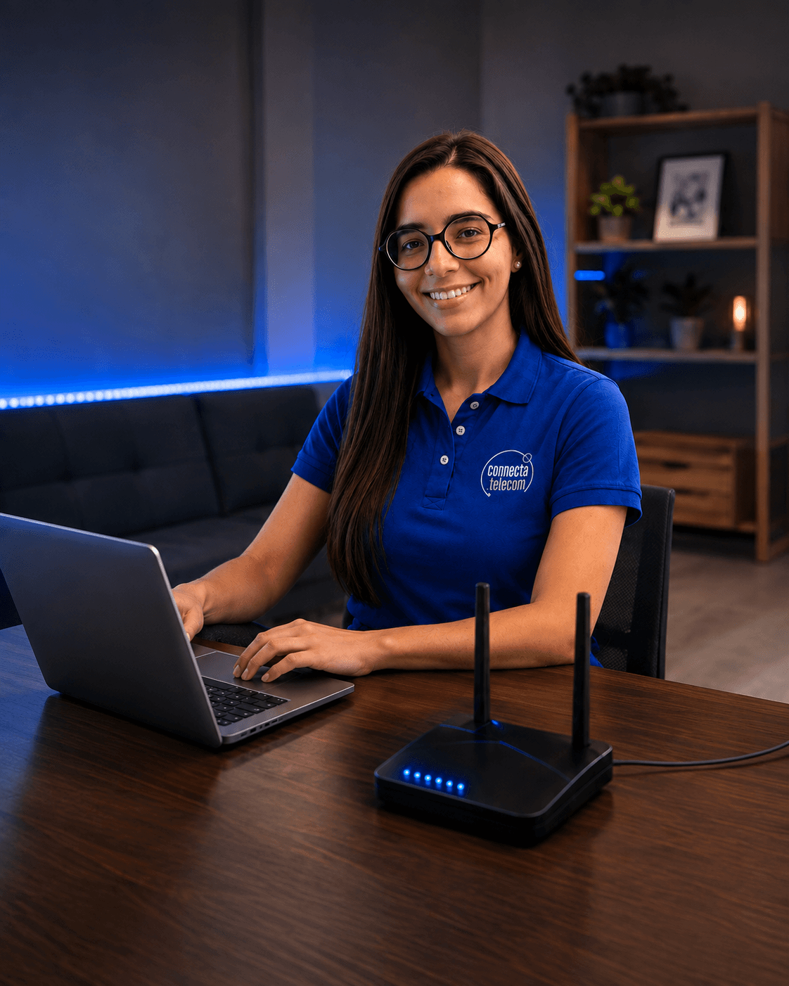Família conectada usando internet fibra em casa, ambiente moderno e iluminado